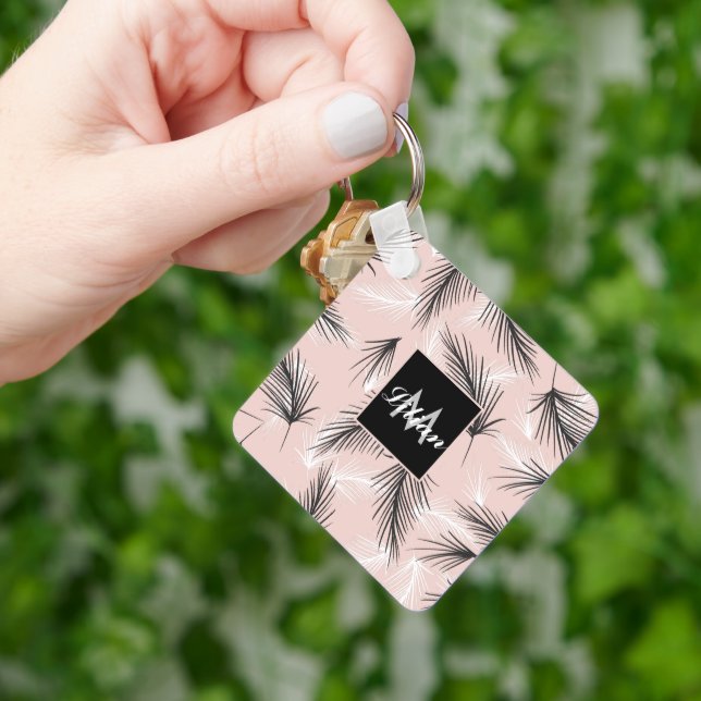 Palms Black White Earthy Tone Pink Monogrammed   Key Ring (Hand)