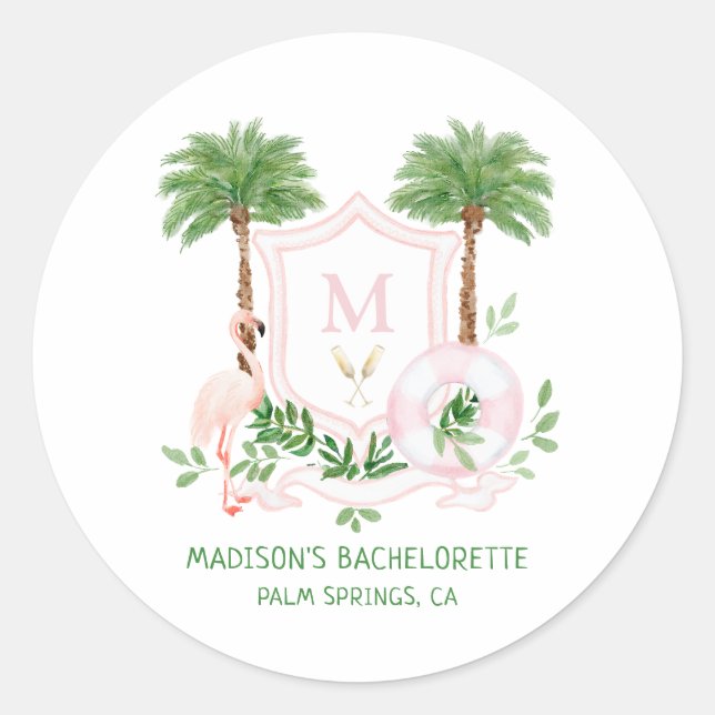 Palms Flamingo Monogram Crest Bachelorette  Classic Round Sticker (Front)
