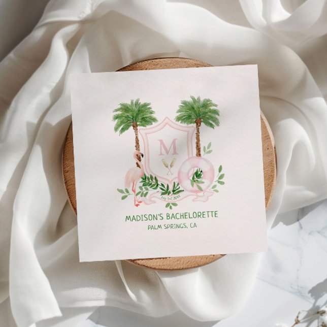Palms Flamingo Monogram Crest Bachelorette  Napkin (Creator Uploaded)