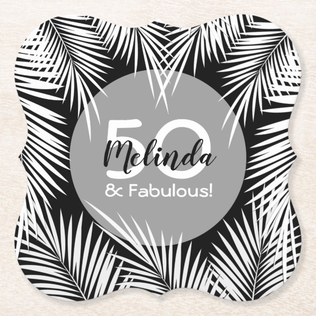 Palms on Black Tropical Birthday Paper Coaster (Front)