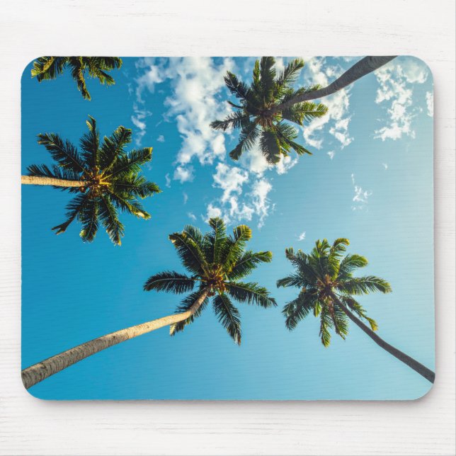 Palms on blue sky skateboard mouse pad (Front)