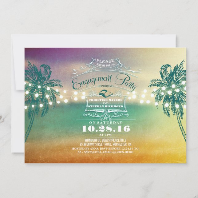Palms sunset beach engagement party invitations (Front)