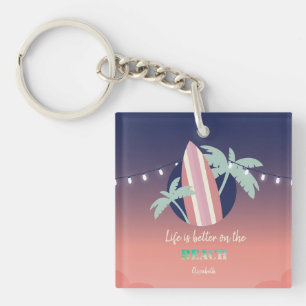 Palms,Surfboard,String Lights Beach Key Ring