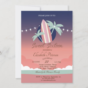 Palms,Surfing Board Summer Sweet 16 Party  Invitation