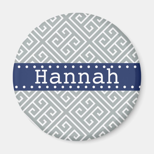 Paloma Grey White Greek Key Pattern Blue Template Magnet (Front)