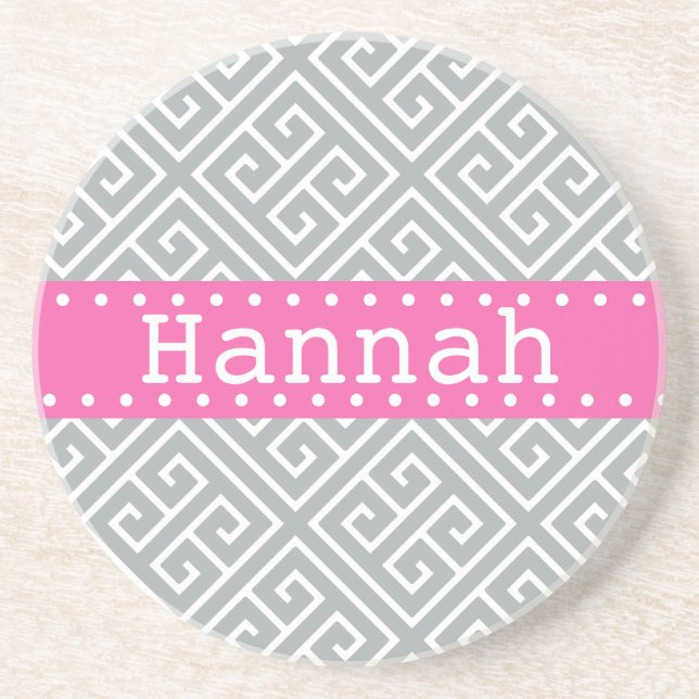 Paloma Grey White Greek Key Pattern Pink Template Coaster (Front)