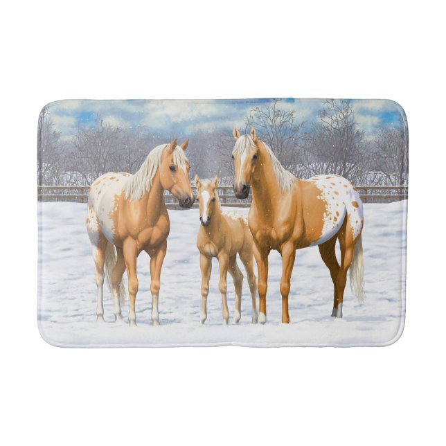 Palomino Appaloosa Horses In Snow Bath Mat (Front)