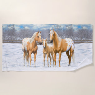 Palomino Appaloosa Horses In Snow Beach Towel