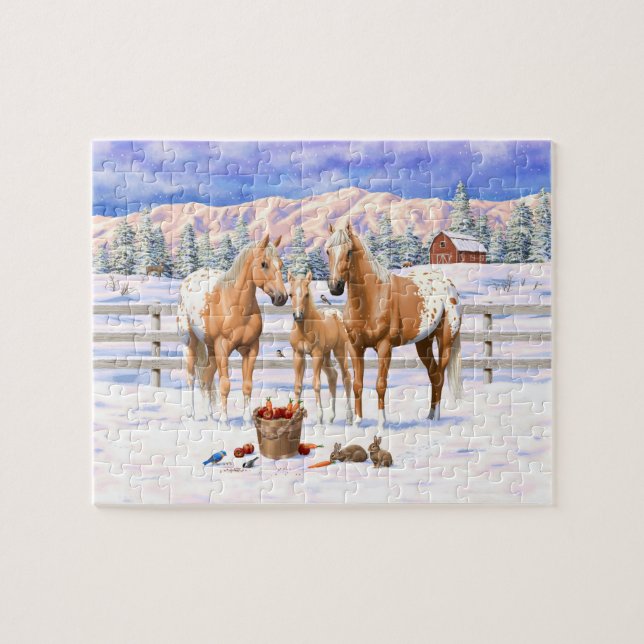 Palomino Appaloosa Horses In Snow Jigsaw Puzzle (Horizontal)