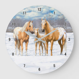 Palomino Appaloosa Horses In Snow Large Clock