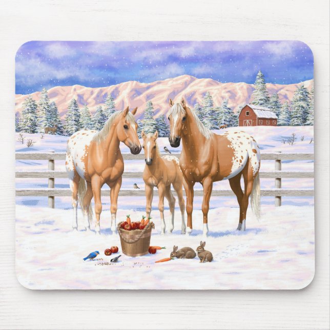 Palomino Appaloosa Horses In Snow Mouse Pad (Front)