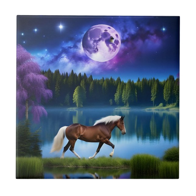 Palomino Belgian Horse under a Purple Starry Sky Ceramic Tile (Front)