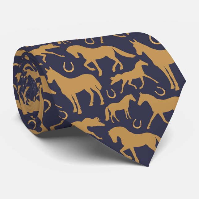 Palomino Brown Horses on Navy Blue Neck Tie (Rolled)
