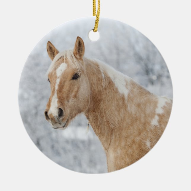 Palomino Horse in the snow Ceramic Ornament (Front)