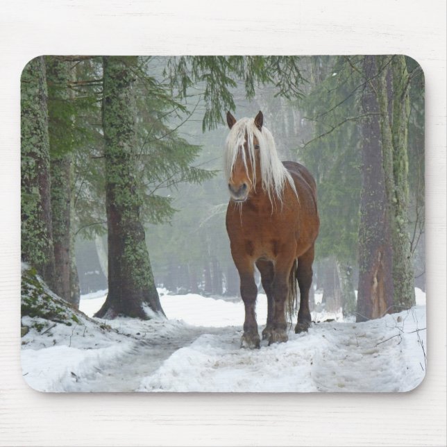 Palomino Horse in Winter Snow With Pine Trees Mouse Pad (Front)