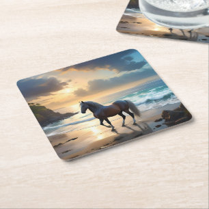 Palomino Horse On The Beach, Square Paper Coaster