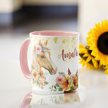 Palomino Horse sunflowers personalised name mug<br><div class="desc">Palomino horse with sunflowers and pink flowers floral girls personalised name mug template. Beautiful watercolor horse portrait,  nice for horse loving people.</div>