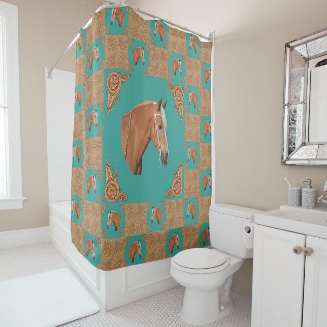 Palomino Horse With Leather Print And Turquoise Shower Curtain (In Situ)