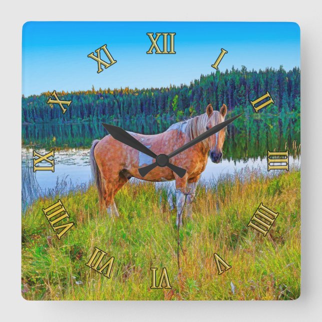 Palomino Pinto by Lake and Forest Scene Square Wall Clock (Front)