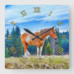 Palomino Pinto in Field and Forest Scene Square Wall Clock