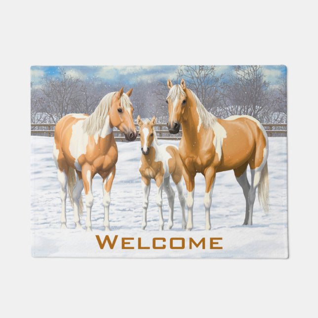 Palomino Pinto Paint Quarter Horses In Snow Doormat (Front)