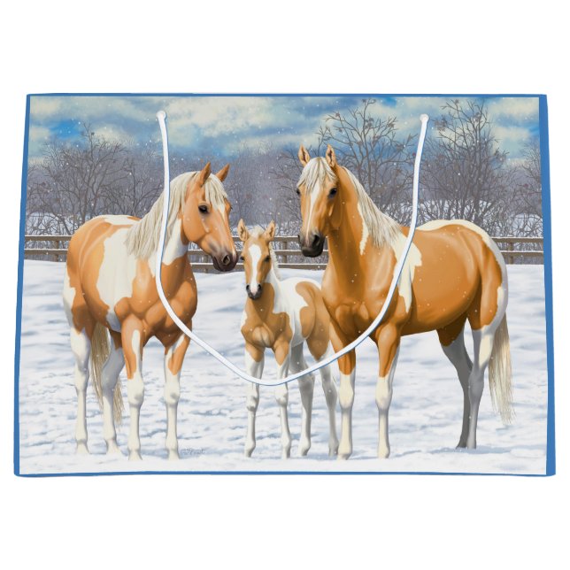 Palomino Pinto Paint Quarter Horses In Snow Large Gift Bag (Front)