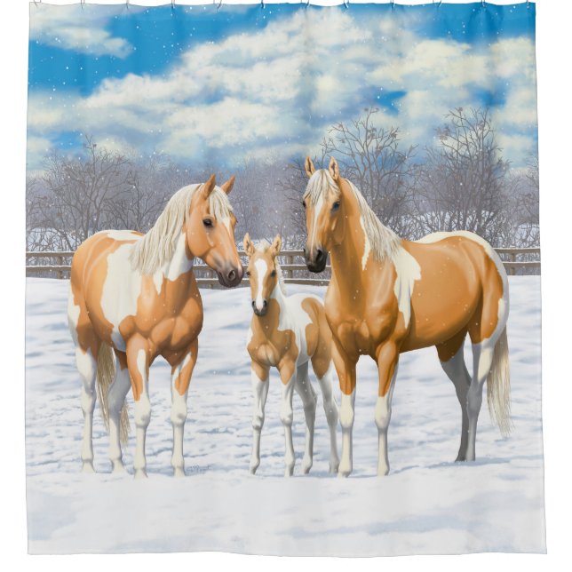 Palomino Pinto Paint Quarter Horses In Snow Shower Curtain (Front)