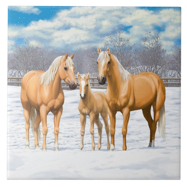 Palomino Quarter Horses In Winter Snow Ceramic Tile (Front)