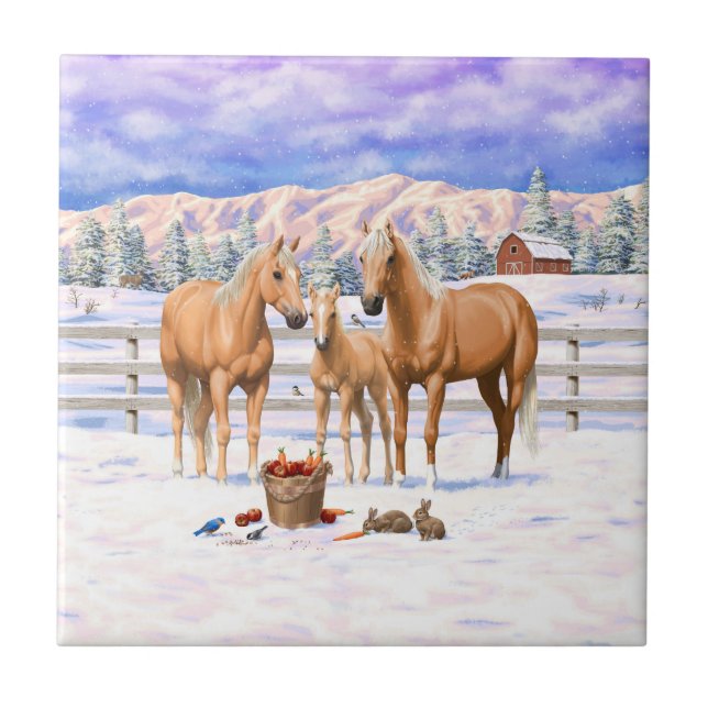 Palomino Quarter Horses In Winter Snow Ceramic Tile (Front)