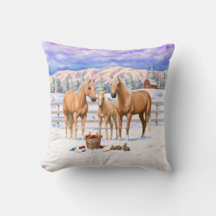 Palomino Quarter Horses In Winter Snow Cushion