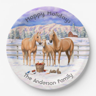 Palomino Quarter Horses In Winter Snow Paper Plate