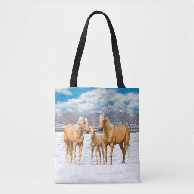 Palomino Quarter Horses In Winter Snow Tote Bag (Front)