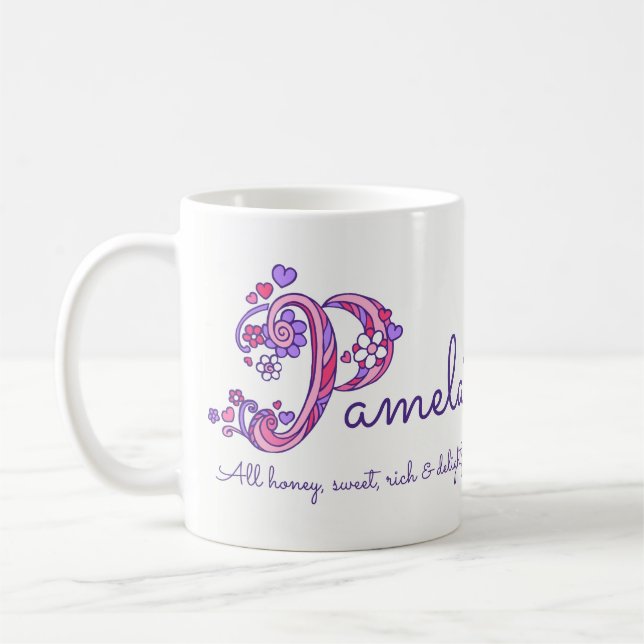 Pamela name meaning heart flower P monogram mug (Left)
