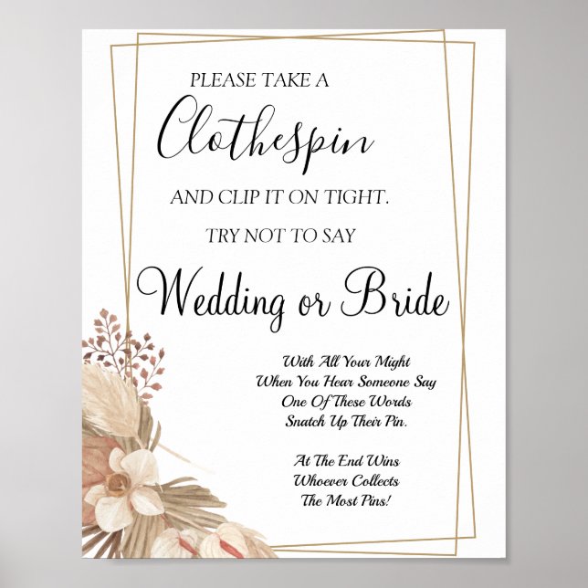 Pampa Grass Clothespin bridal shower game sign (Front)