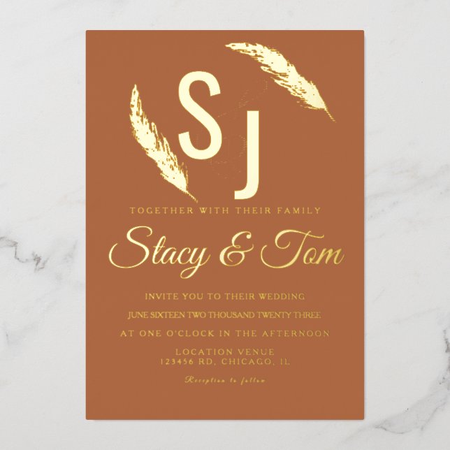 Pampas Ampersand Pressed  Foil Invitation (Front)