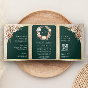 Pampas Beige Earthy Floral Emerald Green Wedding Tri-Fold Invitation