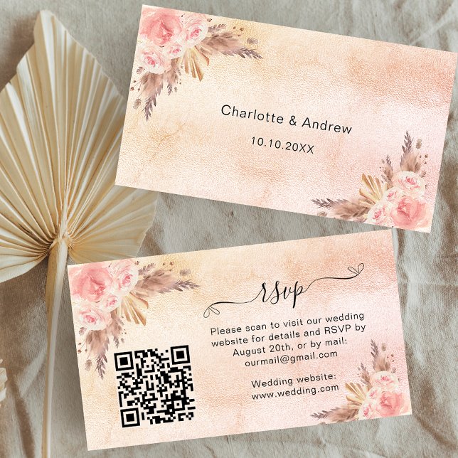 Pampas blush wedding response website QR code RSVP Enclosure Card (Creator Uploaded)