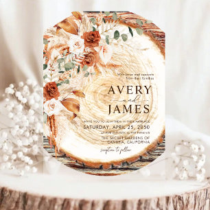 Pampas Boho Acrylic Wood Ring Wedding Invite  Invitations