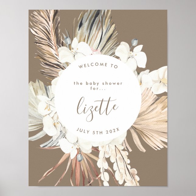 Pampas Boho Bronze Beach Hello Baby Shower Welcome Poster (Front)