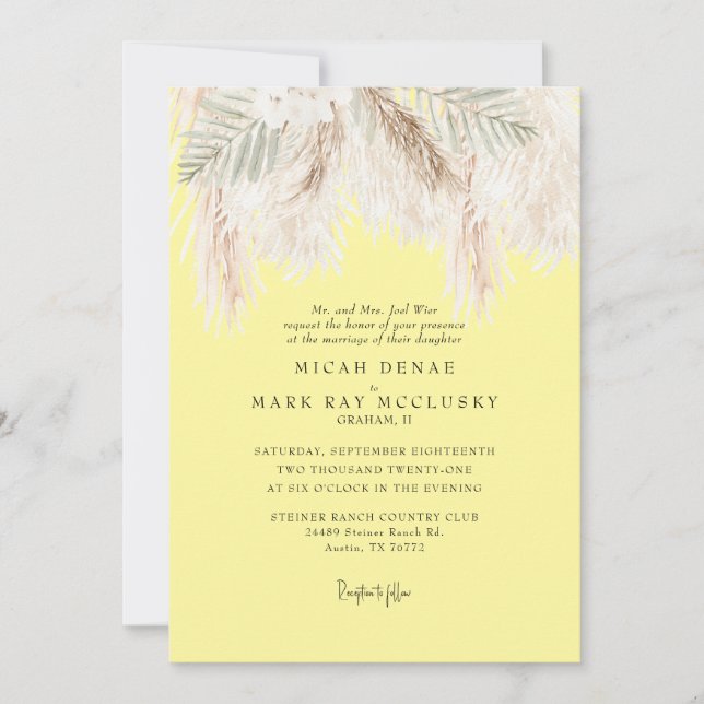Pampas Buttery Yellow Simple Wedding Invitation (Front)