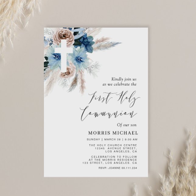 pampas dusty blue first holy communion invitation (Creator Uploaded)