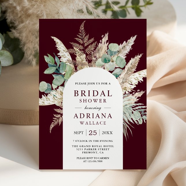 Pampas Eucalyptus Arch Burgundy Bridal Shower Invitation (Creator Uploaded)