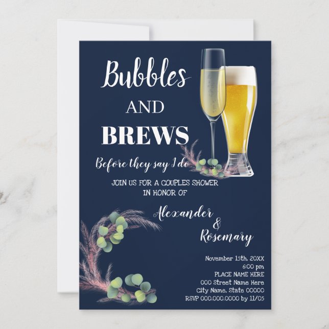 Pampas & Eucalyptus Bubble & Brews Couples  Invitation (Front)