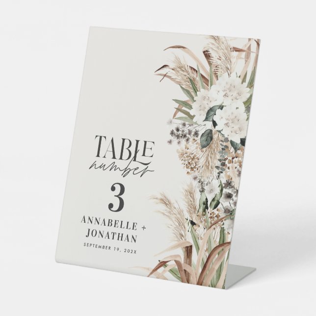 Pampas eucalyptus elegant wedding table number pedestal sign (Front)