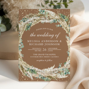 Pampas Eucalyptus Wreath Beige Tan Wedding Invitation
