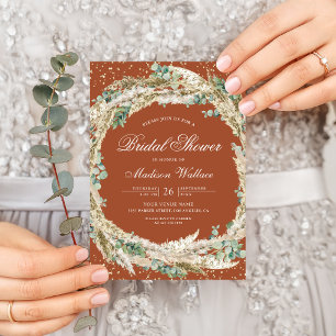 Pampas Eucalyptus Wreath Terracotta Bridal Shower Invitation