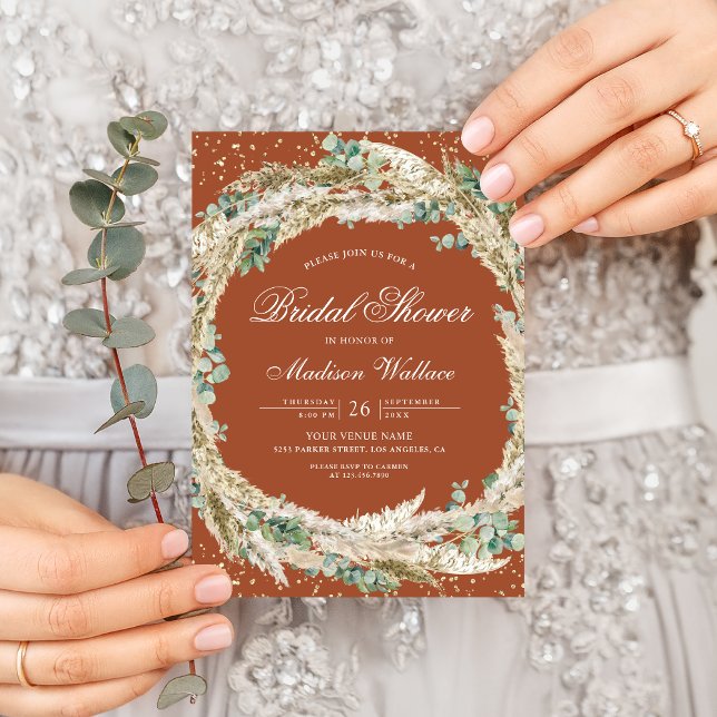 Pampas Eucalyptus Wreath Terracotta Bridal Shower Invitation (Creator Uploaded)