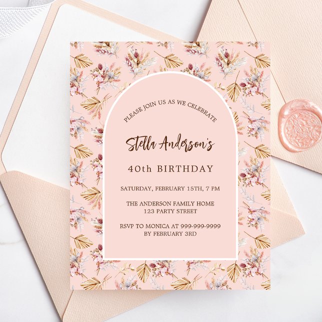 Pampas floral rose boho budget birthday invitation flyer (Creator Uploaded)