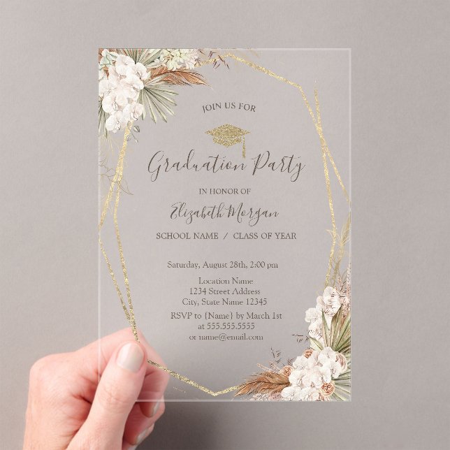 Pampas Flowers,Grad Cap,Graduation  Acrylic Invitations (Insitu (Handheld))