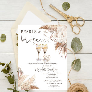 Pampas Flowers Pearls Prosecco Bridal Shower Invitation